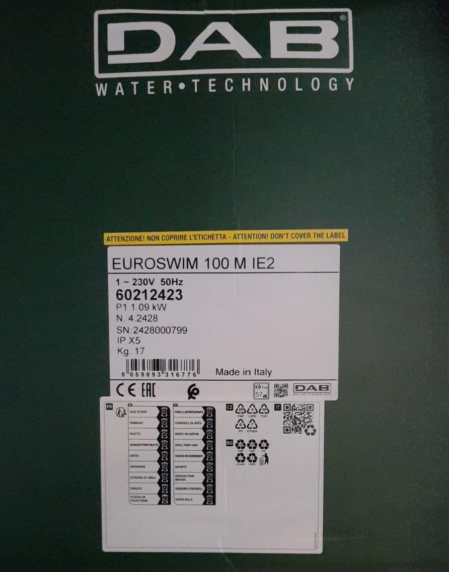DAB EUROSWIM 100 M 1 HP Pompe électrique monophasée centrifuge auto-amorçante silencieuse domestique et résidentielle liquide agressif agriculture et industrie.