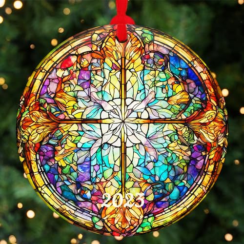 Stained Glass Depicting Christmas Tree Round Shapes Acrylic Ornament Art, Holiday Decoration, Car Interiors Decors, Christmas Decor for Holiday Party Decorations for Festival (Snow Flake) - Thumbnail 2