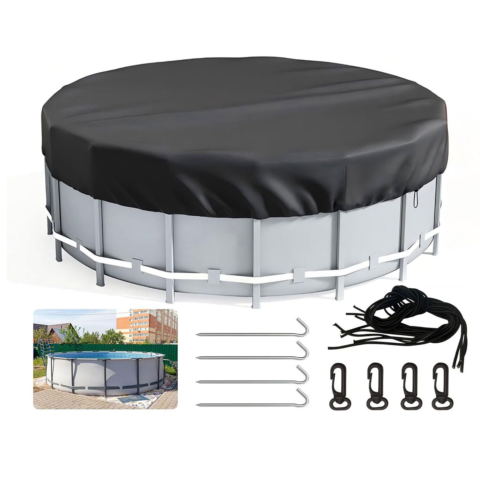 Copertura rotonda per piscina, 366 x 20 cm, copertura impermeabile per piscine fuori terra, protezione estiva per piscina con accessori per chiodi, antivento e antipolvere