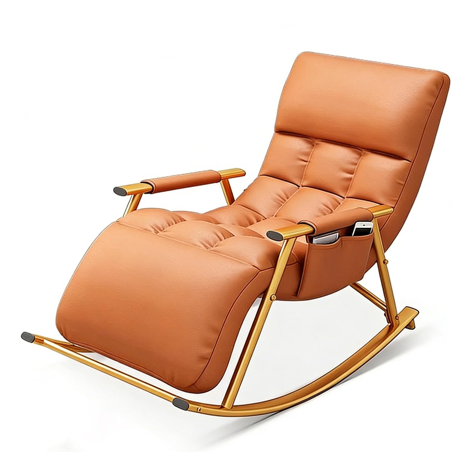 GTHTUHFD Rocking Chair With Adjustable High Backrest And Footrest, Comfortable Upholstered Rocker With Side Pockets, Leisure Recliner For Living Room, Bedroom, Balcony,Orange-Gold frame