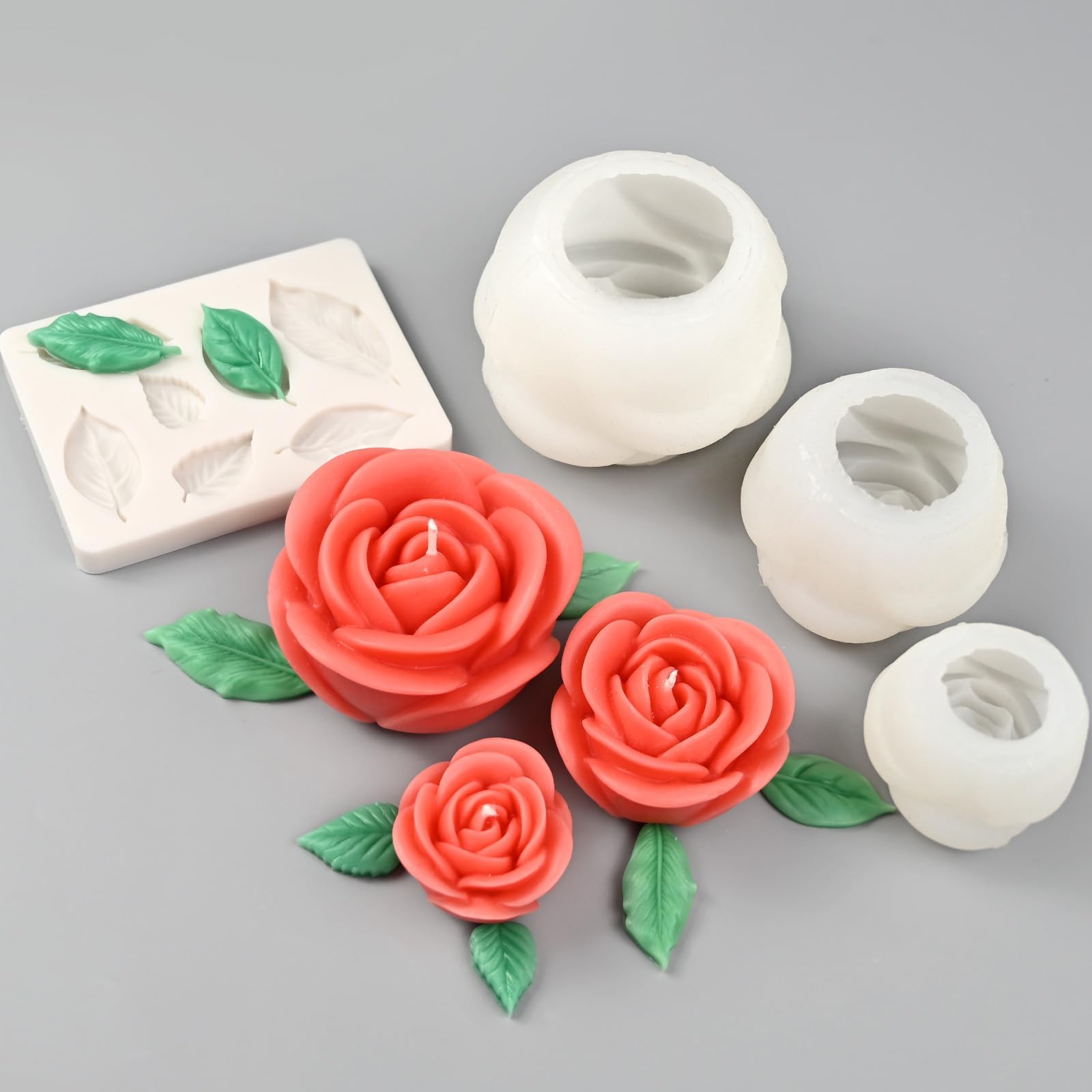 Set Stampi in Silicone per Candele Rosa 3D, 4 Pezzi con in Silicone Fiori Grandi, Medi e Piccoli + Stampo Foglie, Stampi per Candele, Resina, Cera, Stampo Fiori e
