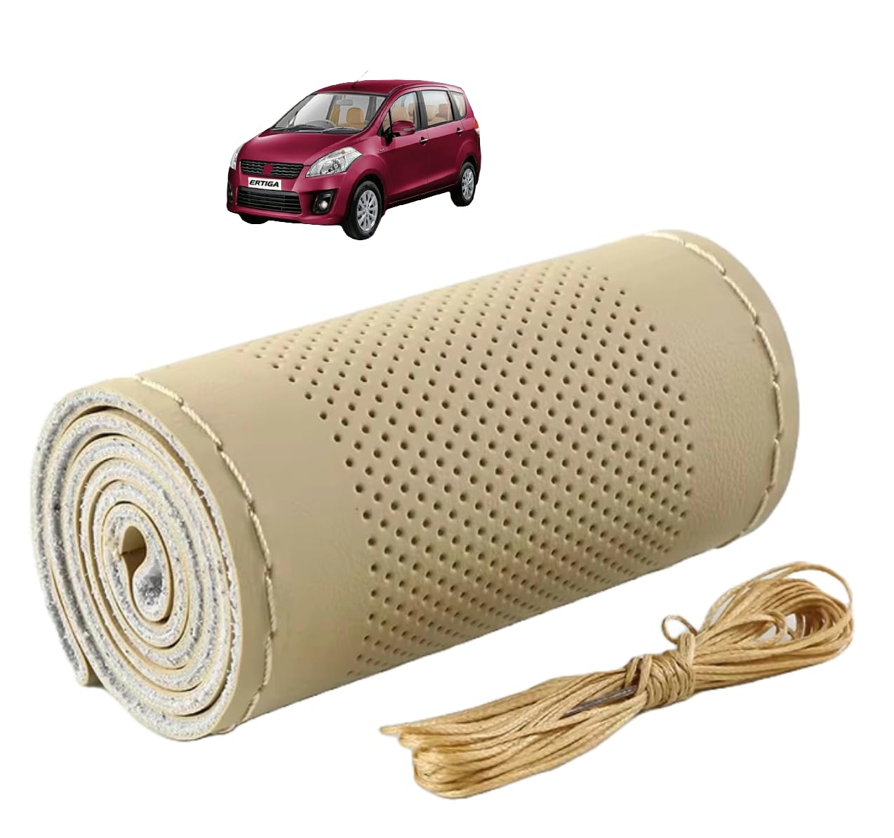 Auto Hub PU Leatherite Car Steering Cover Compatible with Maruti Ertiga Old, Beige Color with Sewing Needle and Thread, Pack of 1-image-2