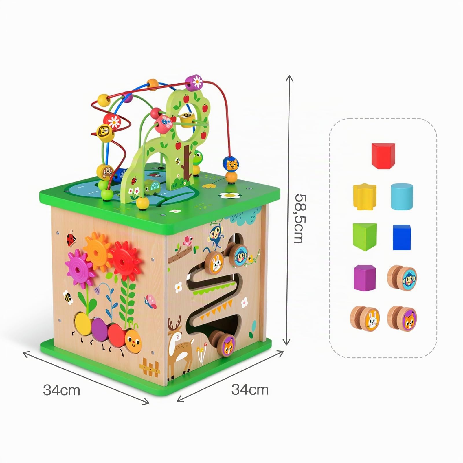 OOOK 5-en-1 Cube d'Activité en Bois, Table Centre d'activité Bébé Motricité, Jouet Éducatif et Puzzle en Bois pour Tout-Petits, avec Amis Animaux, Formes, Labyrinthes et Tri de Formes