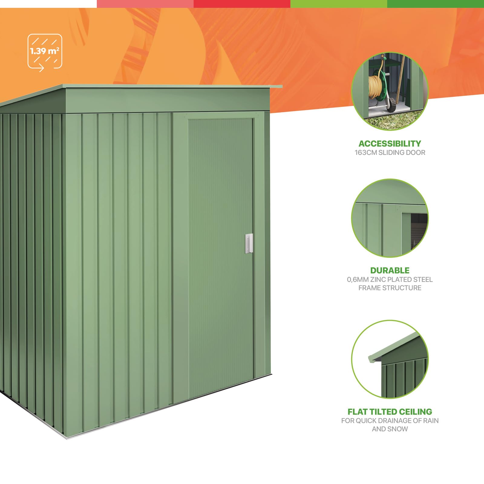 Wasabi - Armario Exterior Terraza 1,39m2 Neat Verde - Puerta Corredera - Techo Inclinado - 162x86x181cm - Caseta Jardín Resistente - Cobertizo Almacenamiento — view 9