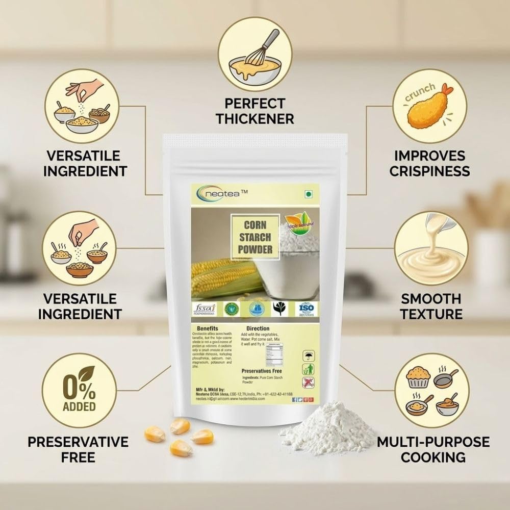 Neotea Corn Starch Powder | Fine Texture Thickening Agent for Cooking & Baking | Ideal for Sauces, Gravies, Soups, Desserts & Snacks | Multipurpose Kitchen Ingredient | 100% Pure Corn Starch 500 GM 1