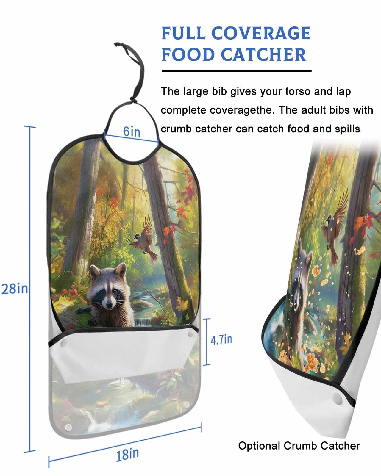 Forest Raccoon Adult Bib for Eating with Crumb Catcher,Animal Bird Mountains Tree Natural Landscape Waterproof Terry Cloth Adjustable Elderly Women Men Adult Bibs Funny Apron Clothing Protector