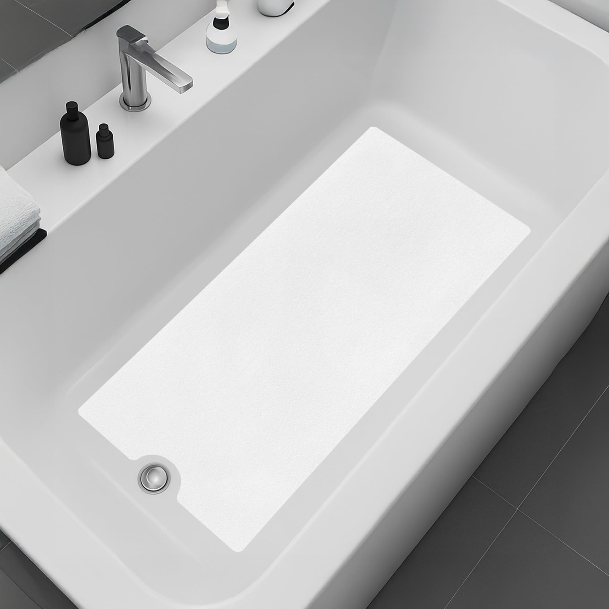 Peel and Stick Bathtub Mat - White Adhesive Vinyl Anti Slip with Drain Cut Out - Non Slip Shower Bath Mat - Extra Long Bathroom Accessory for Wet Area 16" X 40" - White