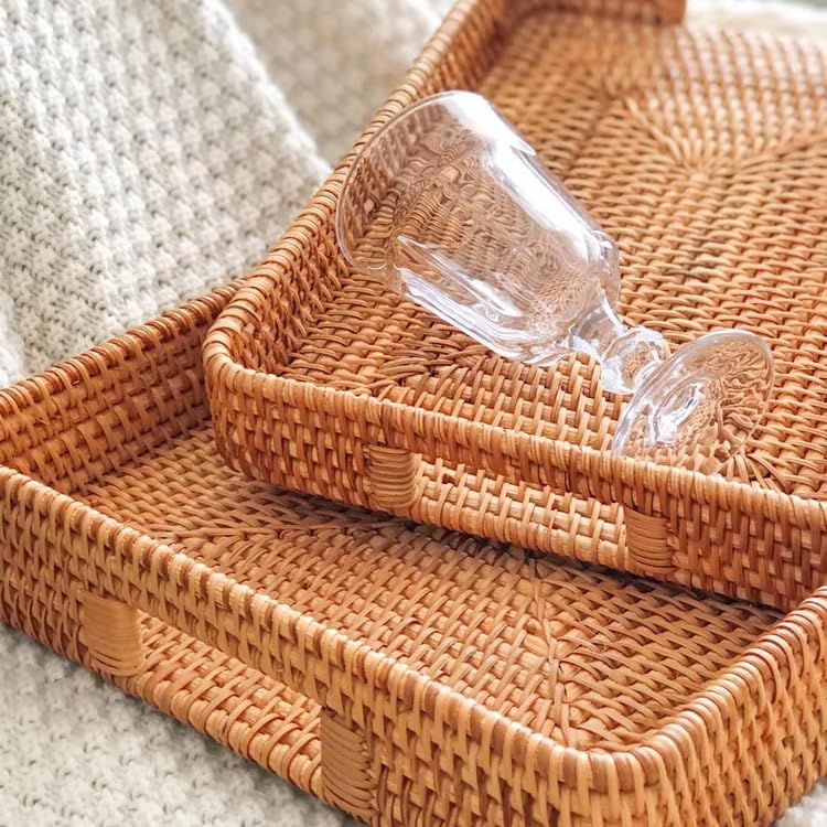 Vassoio Portata Cesto di Frutta in Rattan Intrecciato A Mano, Vassoio da Portata for Torta Dessert, Portaoggetti Cucina Rettangolare for L'organizzazione del Tavolo Svuotatasche(XL)