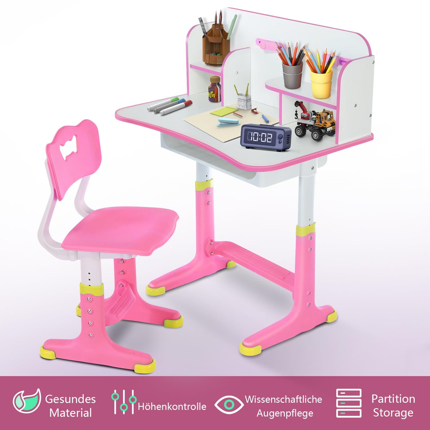Kinderschreibtisch Set, höhenverstellbarer Kindertisch und Stuhl mit Schublade & Bücherständer, Kinder Schreibtisch für Jungs & Mädchen (Normales-Rosa)