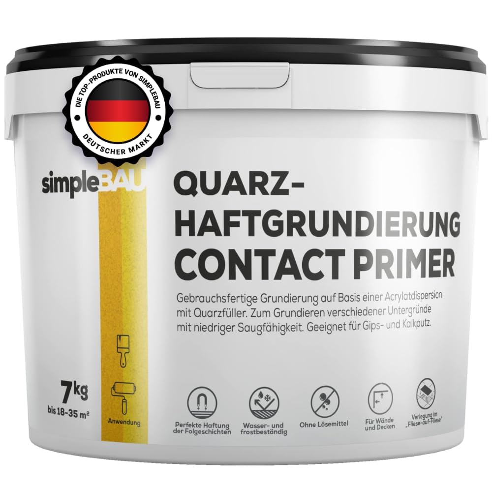Quarzgrundierung Haftgrund Beton & Fliesen 7 kg – Quarzgrund für Innen & Außen, Putzgrund mit Quarzsand auf schwierigen Untergründen – Gebrauchsfertige Grundierung für Beton, Fliesen, Putz