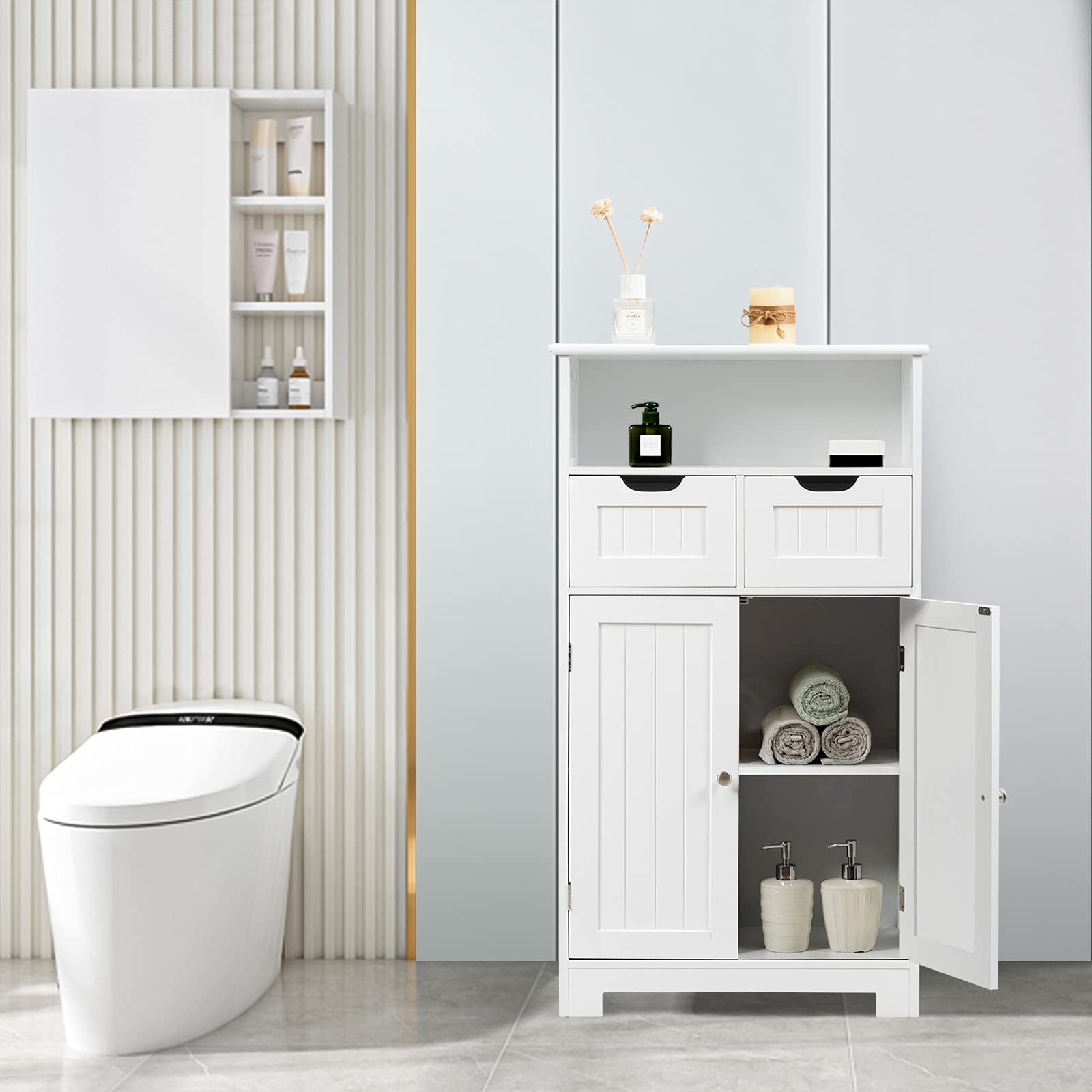 KOMFOTTEU Mobile da Bagno con 2 Cassetti e 2 Armadi a Porta, 60 x 30 x 109 cm, Armadietto da Terra Autoportante in MDF, Armadio d’Archivio per Soggiorno, WC, Camera da Letto, Cucina (Bianco)