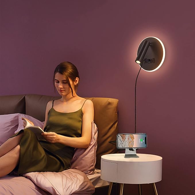 uksunvi LED Leeslamp Wandlamp USB Type-C Dubbele Laadpoort Schakelaar Verstelbare 12W LED Spotlight 3000K Wandlamp Aluminium Bed Roterende Lamp (Rond zwart) photo 2