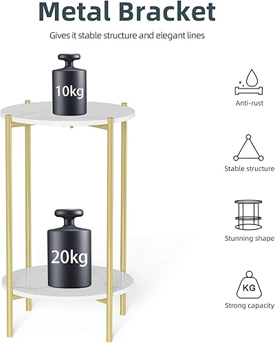 Miniatura 5 de Wisfor Mesa auxiliar de piedra sinterizada mesa auxiliar redonda blanca de 2 niveles - Mesa de centro pequeña con marco dorado - Moderna mesita de