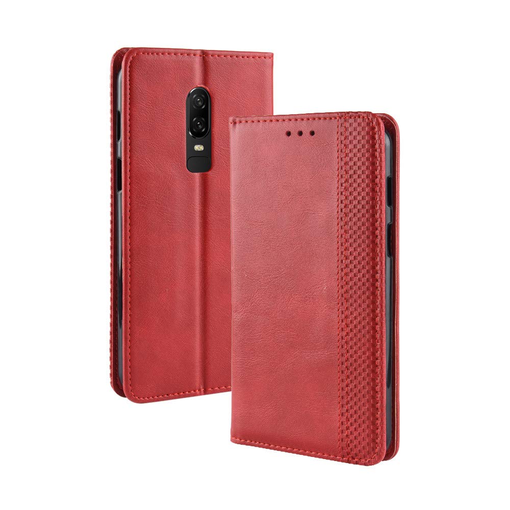 Abtory Case for OnePlus 6, Leather Wallet Case Book Style PU Folio Flip Cover Stand Feature Magnetic Clasp Closure Cash Pocket Card Holder for OnePlus 6 Red