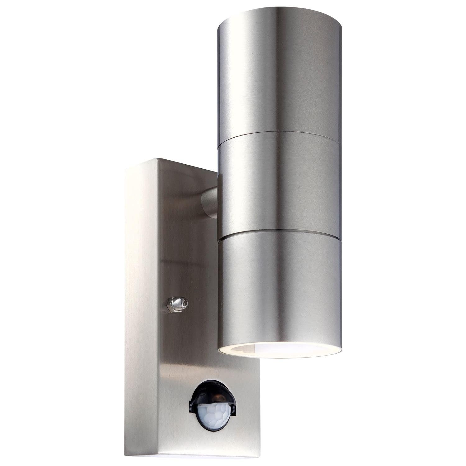 Firstchoicelighting Stainless Steel & Clear Stainless Steel Outdoor Security Light Up Down Twin Outdoor Wall Light Pir Motion Sensor Ip44 Wall Light Led Compatible