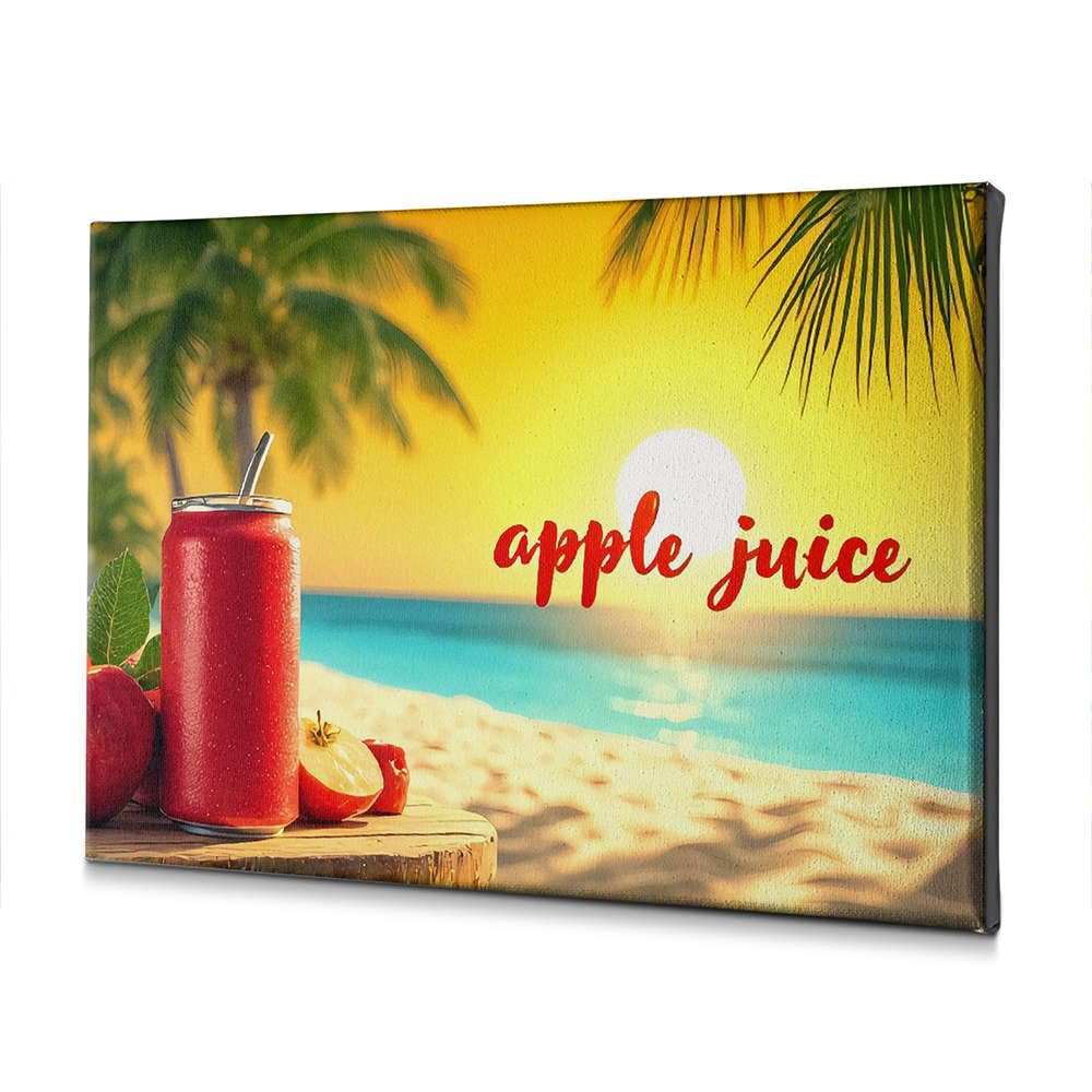 Wanddekorationen Eine erfrischende Dose Apfelsaft an einem tropischen Strand bei Sonnenuntergang Leinwand-Dekorbild, Raumdekoration, dekorative Teller (40 x 60 cm)