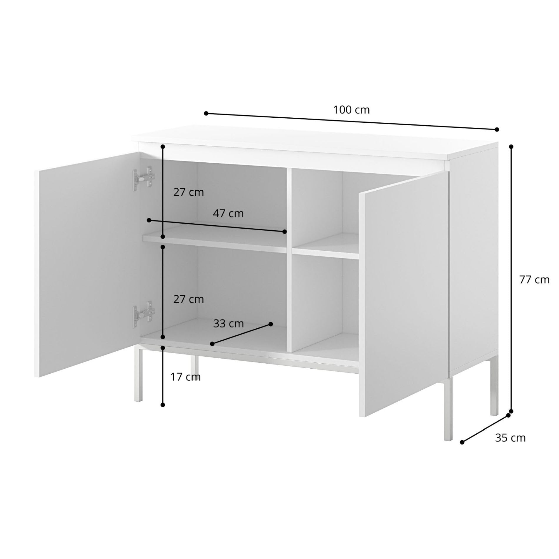 Selsey Kommode Schrank Aufbewahrungsschrank 100 cm 2 Türen 4 Fächer Schwarz Schwarze Beine Bemmi