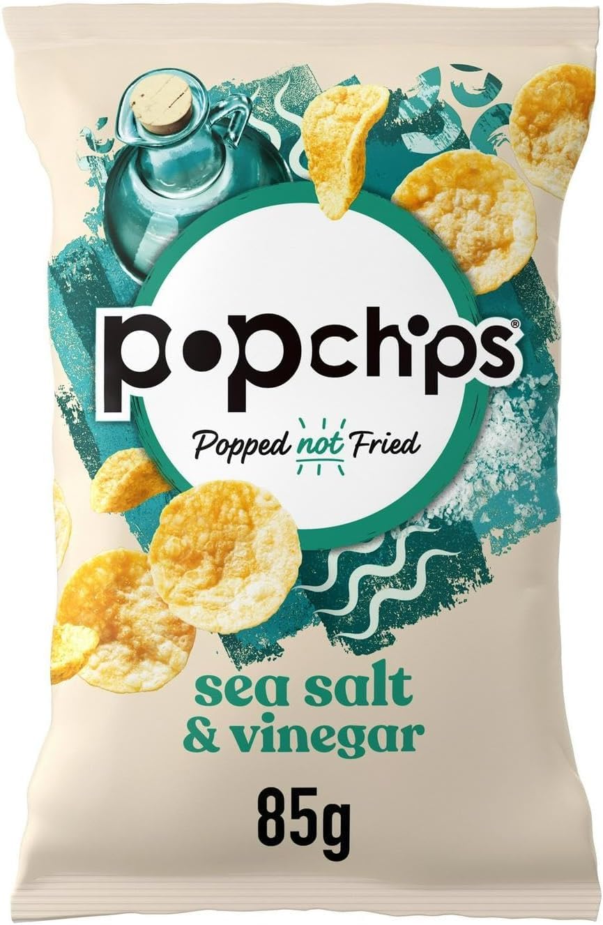 PopchipsSea Salt and Vinegar Popped Potato Chips, 85 grams (Pack of 8) - Popped not Fried, No Artificial Flavours or colours, Suitable for Vegans