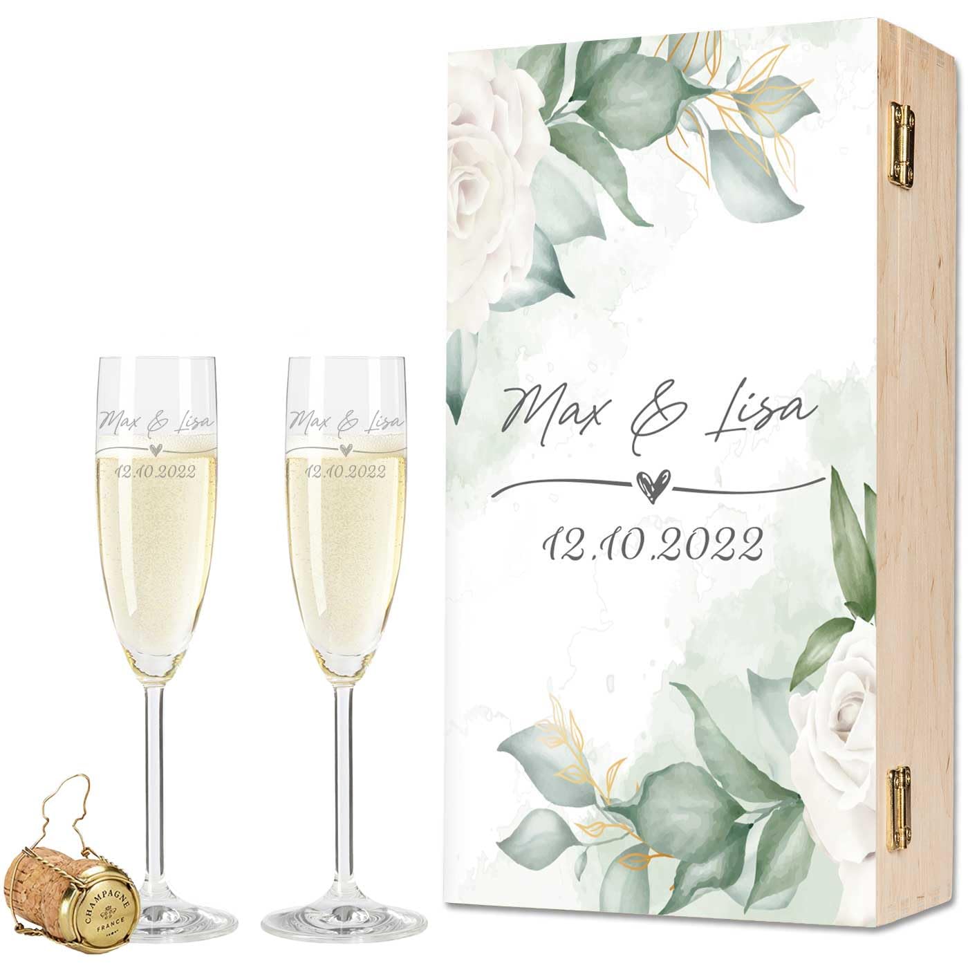 GRAVURZEILE Leonardo Sektgläser mit Gravur - Wedding Love Design - Personalisiert mit Namen & Datum inkl. Holzkiste - Geschenk zur Hochzeit, Verlobung oder Jahrestag - Farbe: Sekt Kiste UV