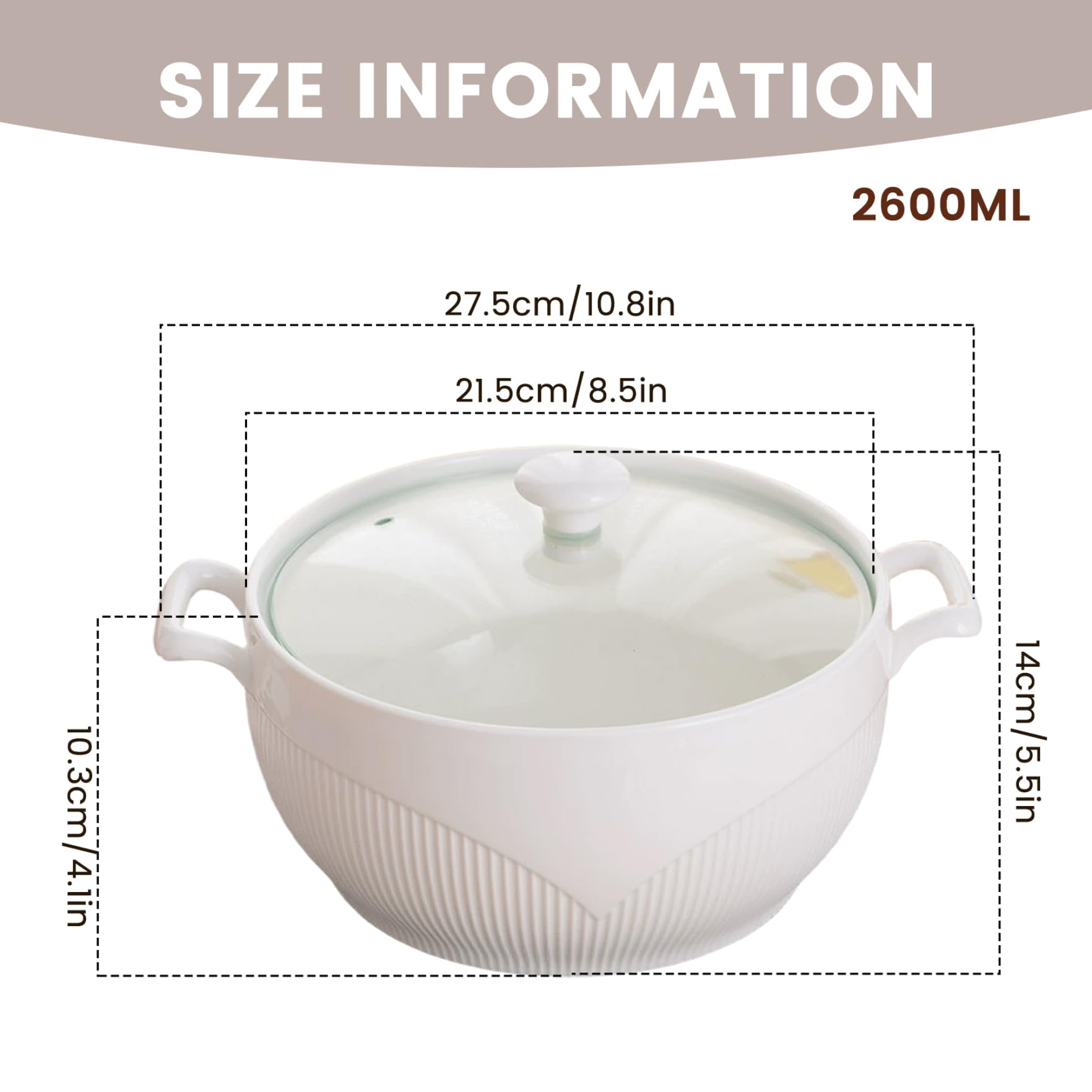 Zuppiera Rotonda in Ceramica da 2600 ml Ciotole da Portata con Coperchio, Ciotole per zuppa Resistenti al Calore con Manici, Adatte al microonde per ristoranti, cucine domestiche