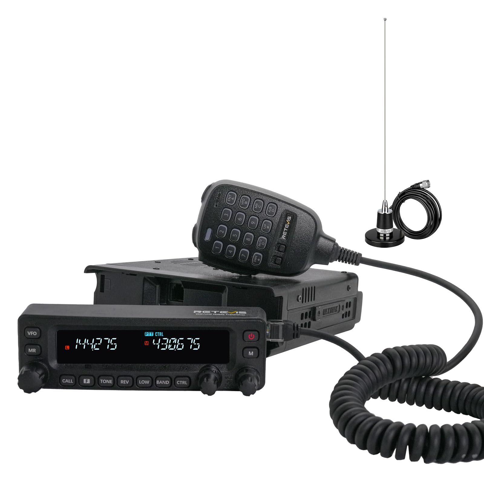 Retevis MA1 Radio Amateur con Antena, Transceptor Móvil con Panel de Control Desmontable, Repetidor Multibanda, Largo Alcance, 2m/70cm/FM/AM, VFO, Radio Amateur para Respuesta a Emergencias (1 Pieza)