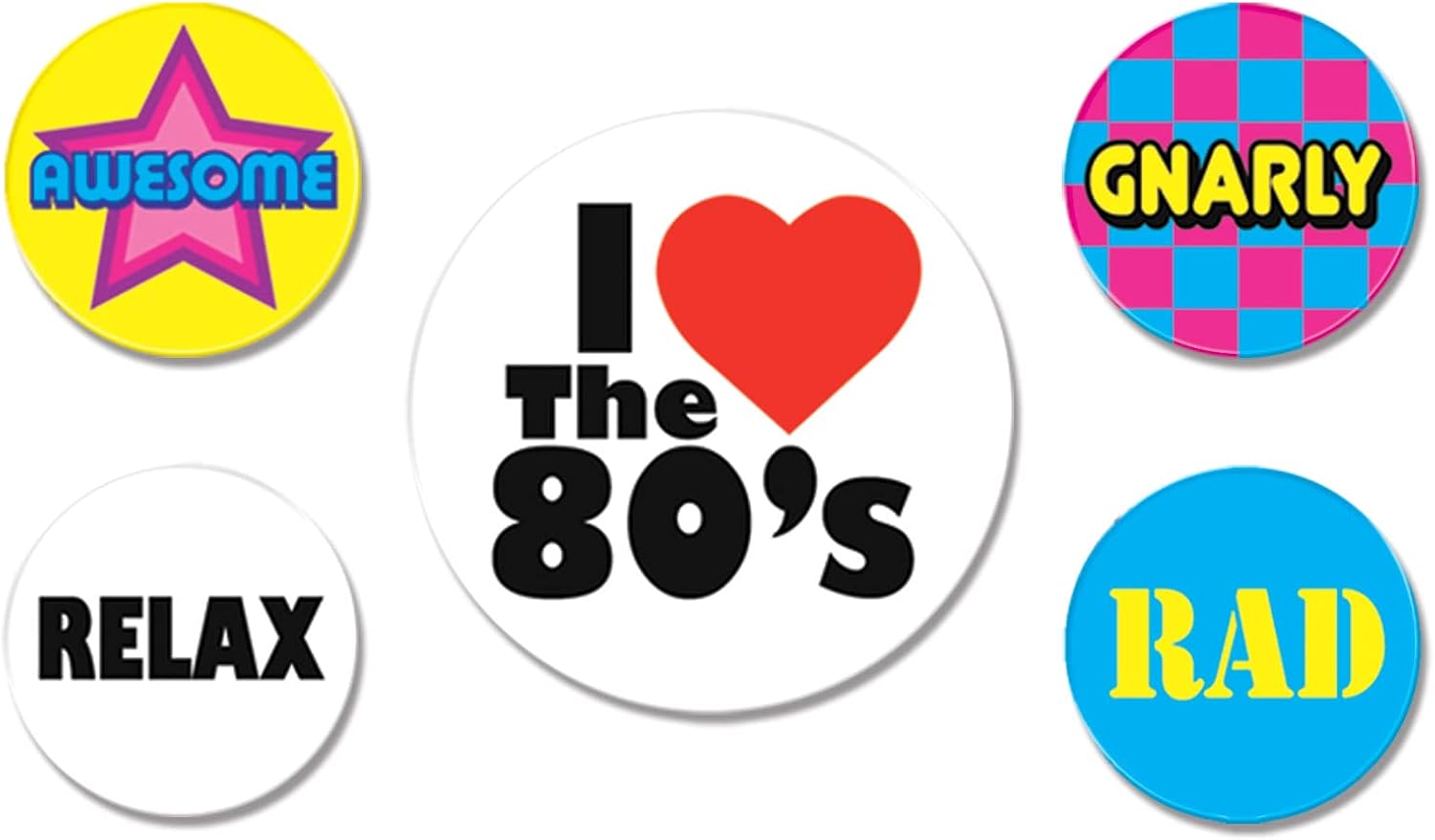 Beistle 5 Piece I Love The 80’s Party Buttons 1980's Theme Gnarly Rad Retro Wearable Accessories, 2.33" & 1.33", Multicolored