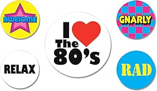 Beistle 5 Piece I Love The 80’s Party Buttons 1980's Theme Gnarly Rad Retro Wearable Accessories, 2.33" & 1.33", Multicolored