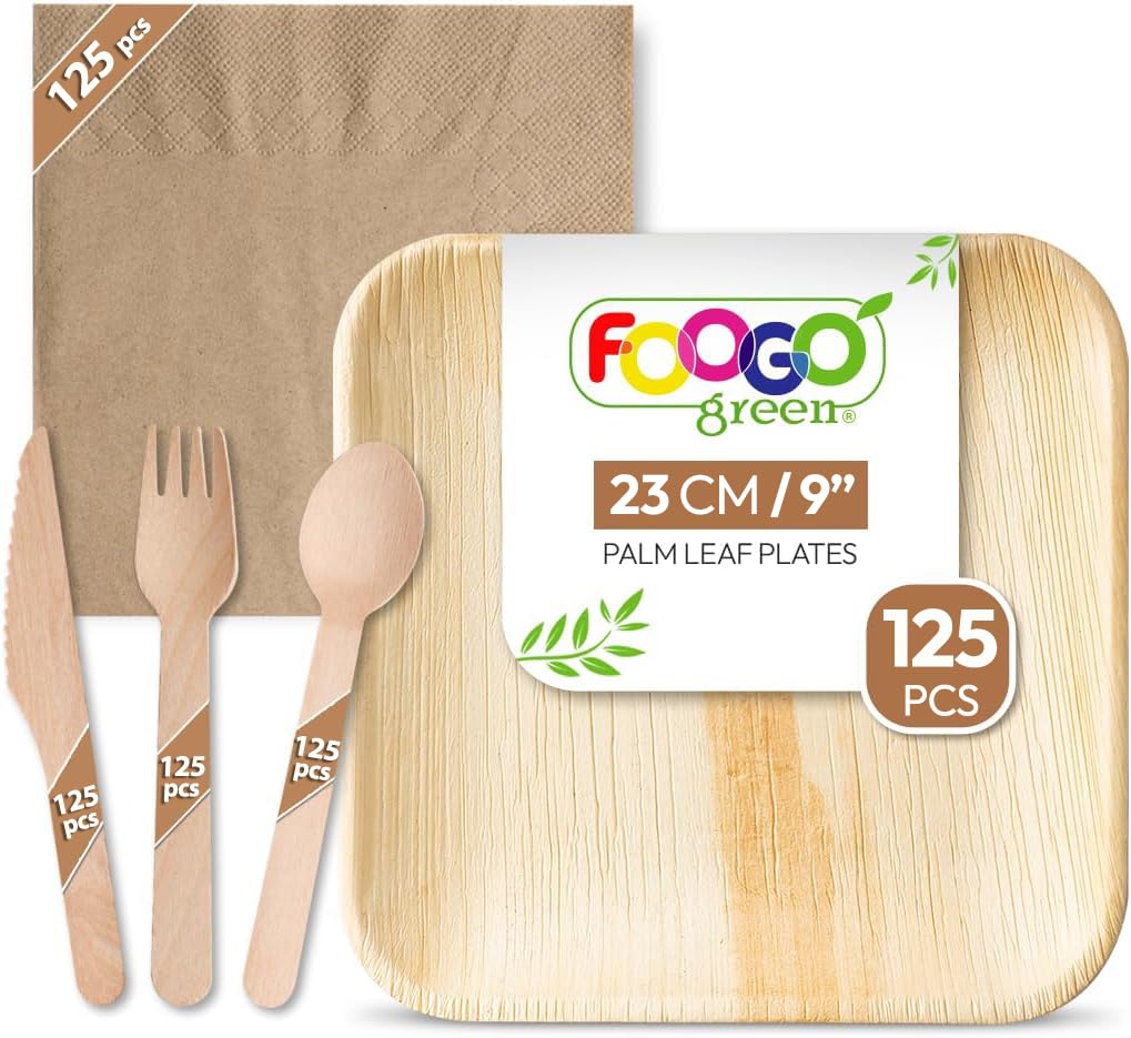 FOOGO Green 625pcs Disposable Palm Leaf Plates, Wooden Cutlery Set and Brown Napkins, FSC® Certified, Large Square Plates, Forks, Knives, Spoons, Napkins Eco Biodegradable