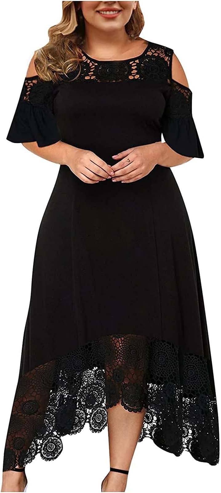 FWFLYAWAYWomen's Plus Size Wedding Guest Lace Swing Dress,Retro Half Sleeve/Off Shoulder Formal Evening Prom Cocktail Midi Dress