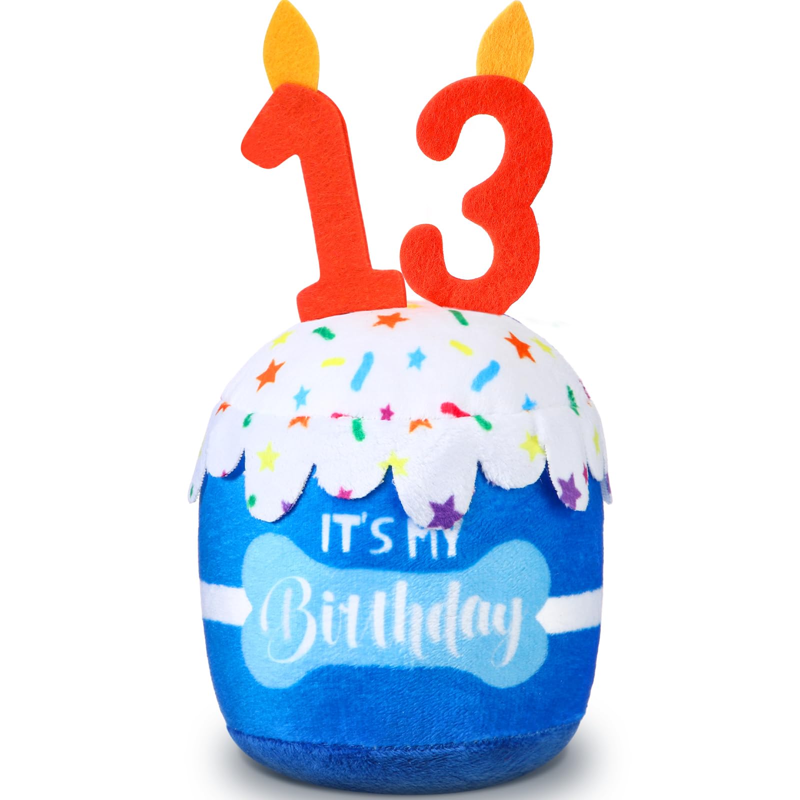 Dansydaisy Dog Birthday Cake Toy Squeaky Plush Gift,13th,Blue