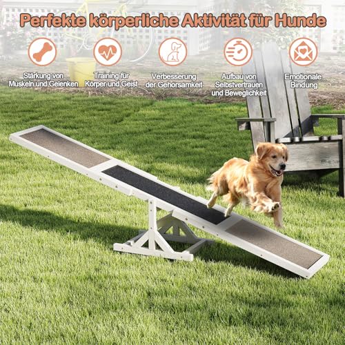 COSTWAY Hundewippe Holz, Hunde Agility Wippe, Outdoor Hundesport für Balance-Training, für kleine & große Hunde bis 60 kg, wetterfestes Spielset, 179 x 30 x 55 cm (Weiß)