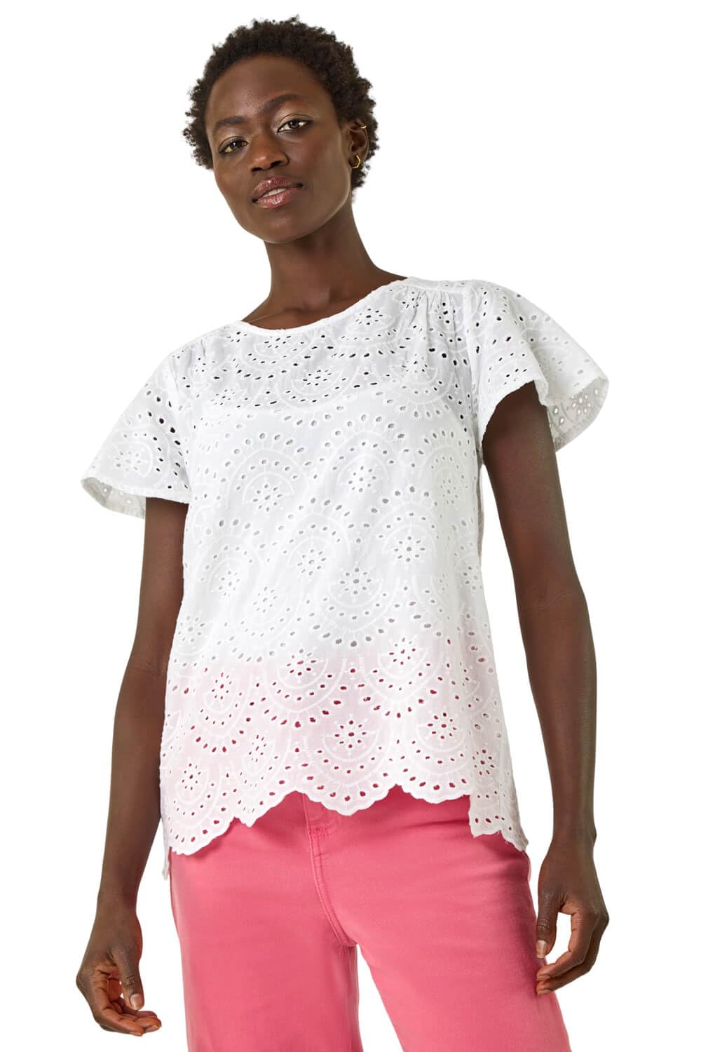 Roman Originals Broderie Short Sleeve Top for Women UK - Ladies Everyday Holiday Spring Summer Round Neckline Comfy Soft Evening Vacation Work Party - Ivory - Size 18