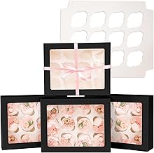 Gcardist 6 Pack Automatic Cupcake Boxes with Window and 12 Cupcake Boxes (13" x 10" x 3.5"), Black, for Bakery Products Preservation, 13x10x3.5imateResize