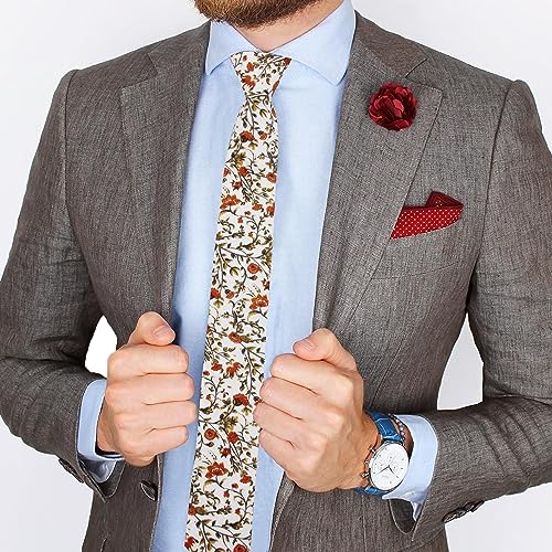 Image of Mantieqingway Men's Skinny Tie, Cotton Floral Ties for Men Wedding Necktie for Groom, Groomsmen, Missions, Dances