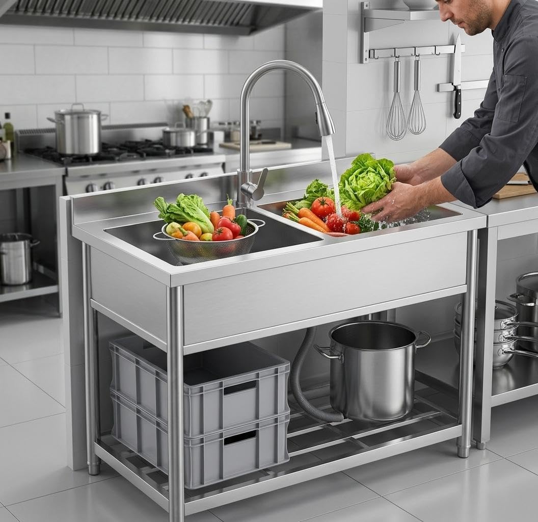 Stainless Steel Freestanding Utility Sink, 42"x22" Double Bowl with Pull-Down Faucet, Hot & Cold Water, for Kitchen Laundry Garage Basement