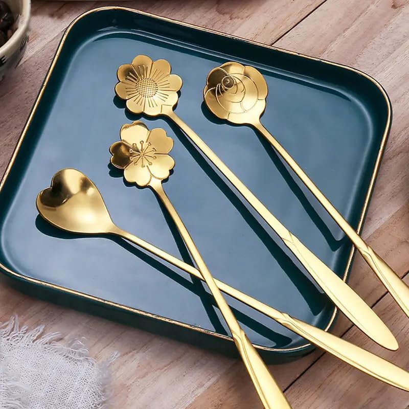 Image of 24Pcs Flower Dessert Spoons, Coffee Teaspoon Set Stainless Steel Tableware Sugar Spoon Small Tea Spoons Cafe Bar Spoon Cute Coffee Teaspoon Mini Tableware, 4 Styles (Gold) ,18 Cm