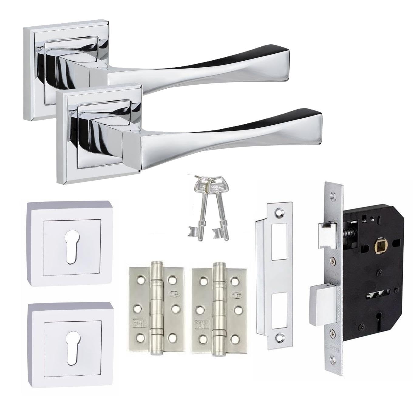 Golden Grace Straight Astrid Design Door Handles in Polished Chrome Finish with 3 Lever Lock, 2 Keys, Keyhole Escutcheon & 1 Pair Ball Bearing Hinges
