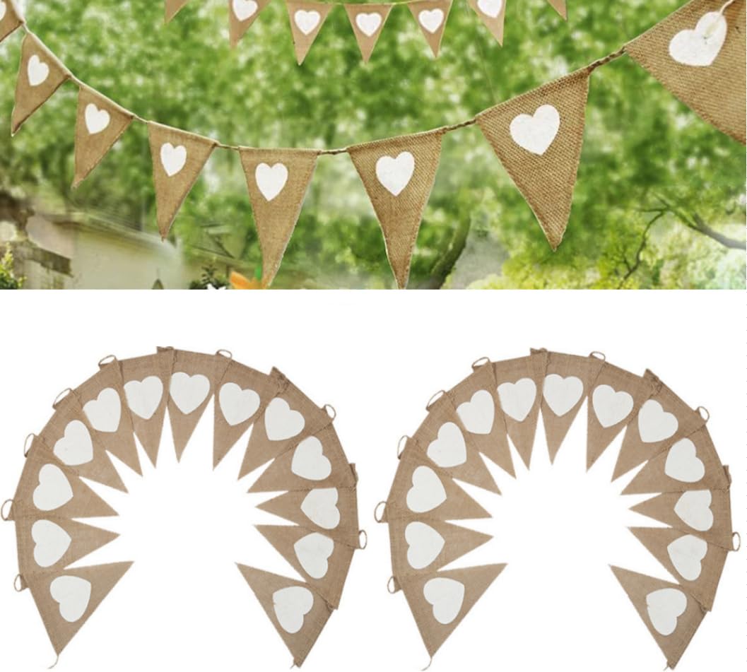 QZCQLLM Vintage Fabric Hessian Bunting Rustic Burlap Banner Wedding Party Birthday Decor White Love Heart (2 pack triangular flag)