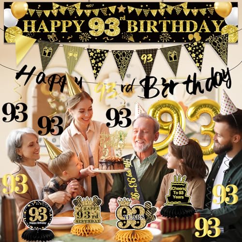 Image of 93rd Birthday Decorations for Men, Black Gold 93rd Party Decorations | 27pcs Happy 93th Birthdays Set: Banner, Honeycomb, Balloons, Gold Number, Candle, Hanging Swirls, Cake Topper, Party Supplies