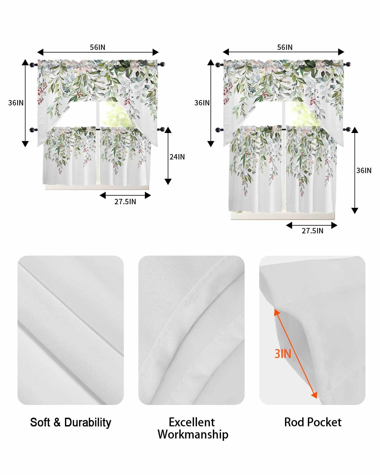 Lot de 3 cantonnières et étages, Motif Floral printanier, Feuilles d'eucalyptus, Rideaux avec Passe-Tringle pour Chambre à Coucher, Salle de Bain, Cuisine, cantonnières et cantonnières de 91,4 cm