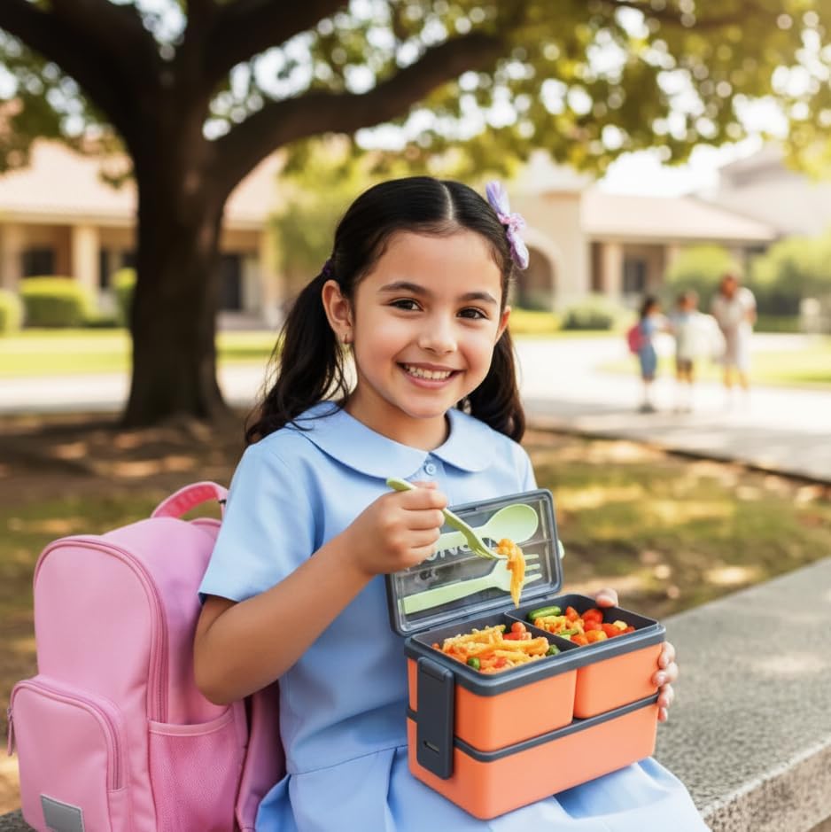 Image of 3 Compartment Lunch Box for Office Men and Lunch Box for Kids, Microwave Safe Lunch Boxes (Pack of 1, Orange&Grey, Plastic), 1400 Milliliter