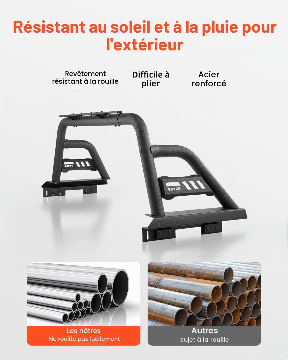 VEVOR Arceau de Sécurité Arrière pour Pick-up, Barre de Benne Réglable Universel, Compatible avec Pickup Pleine Grandeur, en Acier au Carbone, avec Support d'Extension pour Éclairage, Rack Non Inclus