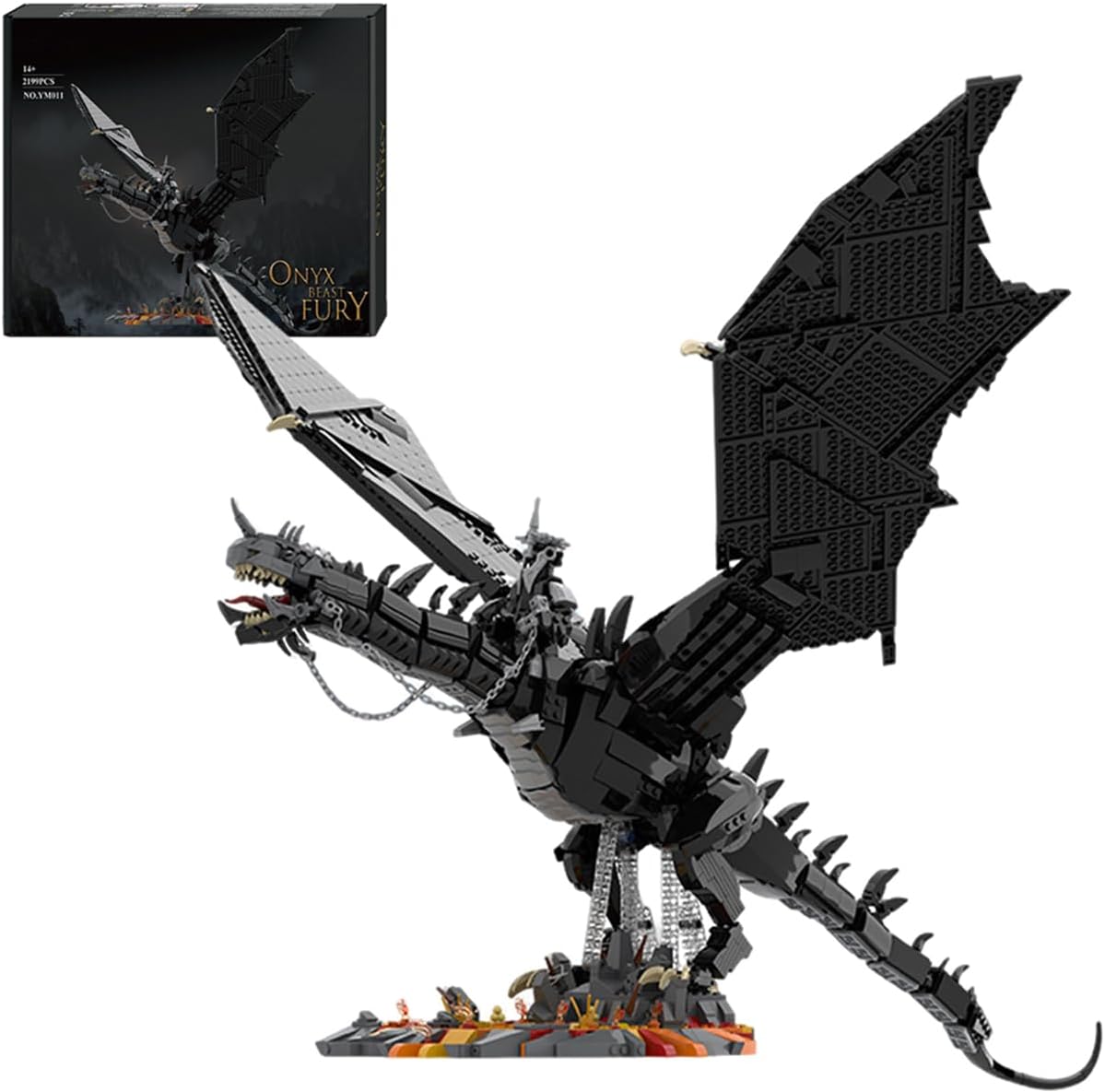 The Rings Dark Fantasy Giant Dragon with Witch King Figure Building Blocks Set - 80cm Large Scale Black Dragon with Lava Nest Base & Detailing for Adults 14+ (2199 Pieces)