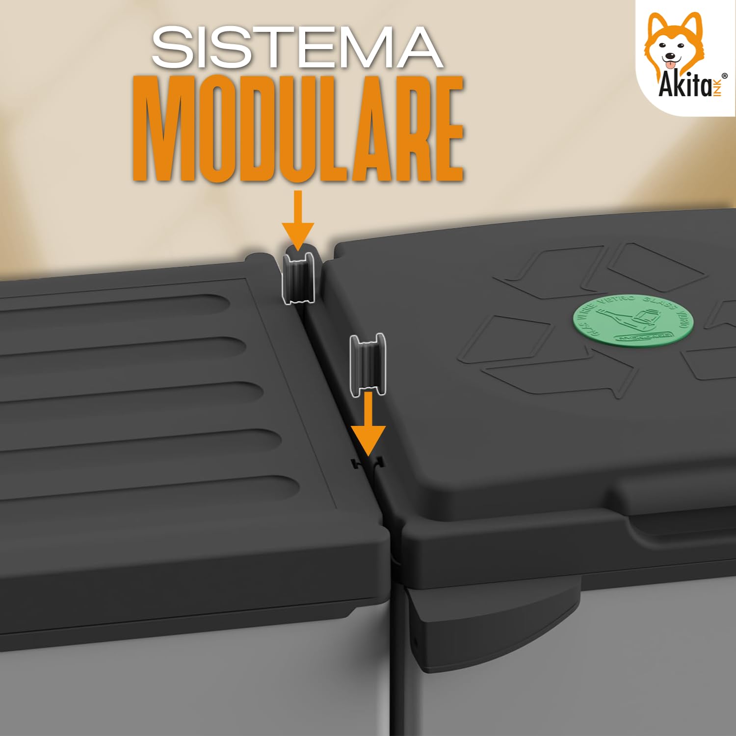 AKITAInk Pattumiera Sistema di Raccolta Differenziata Akitris – Set di 3 Contenitori con Scomparti Separati per Rifiuti, Capacità Totale 80-110 litri, Misure: 102x39,5x85 cm – Prodotto in Italia