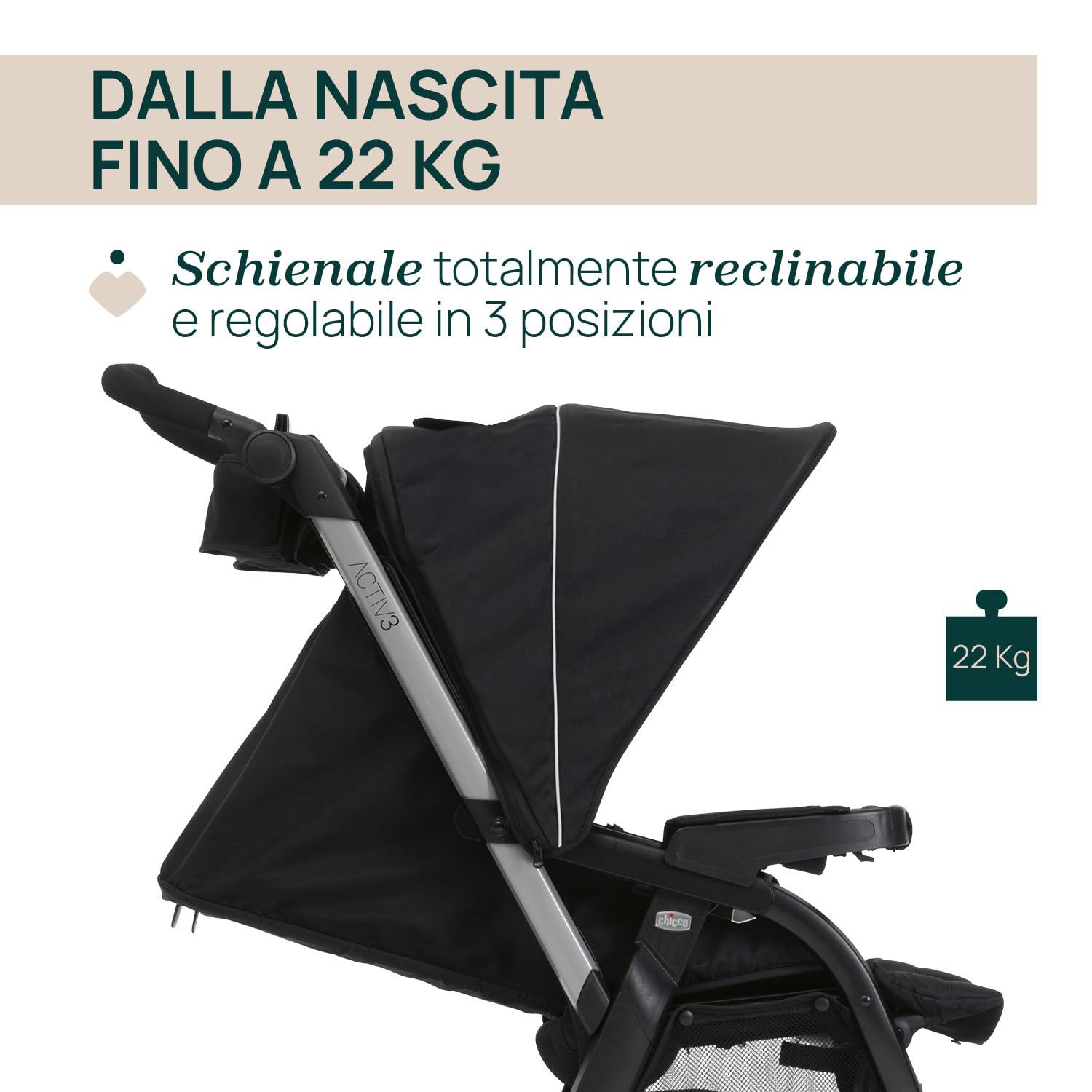 Passeggino Activ3 Con 3 Ruote, Funzionale e Facile da Guidare Su Tutti i Terreni, Seduta Ampia, Schienale Reclinabile, Chiusura Pratica e Veloce, Ammortizzatori Regolabili, 0 Mesi+, Ebony