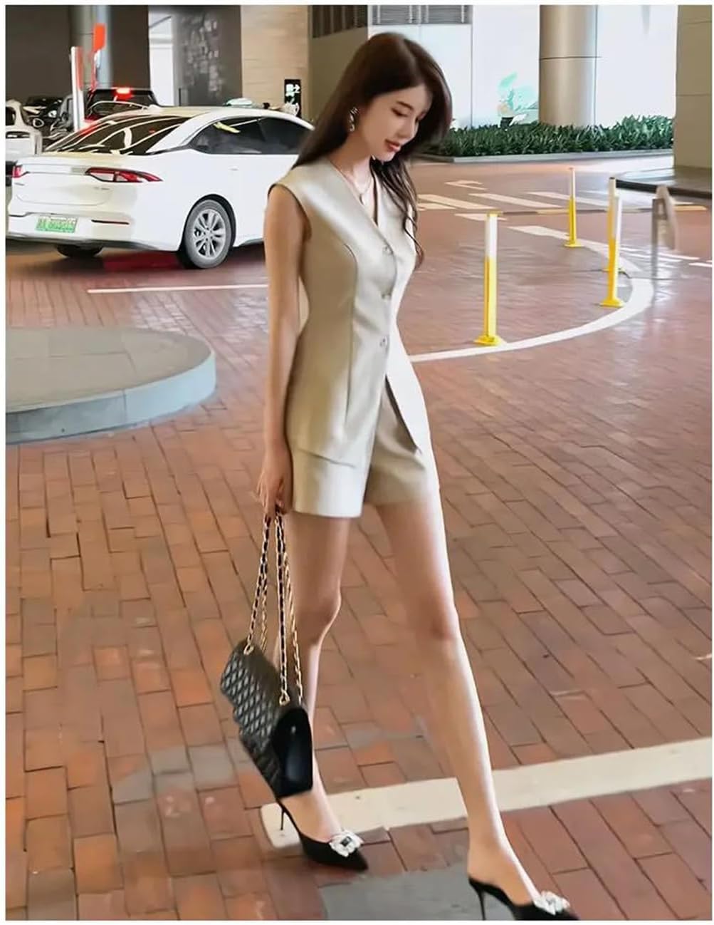 Women V-Neck Sleeveless Vest Set, Slim Vest High Waist Shorts Korean Office Lady Two-Piece Outfits