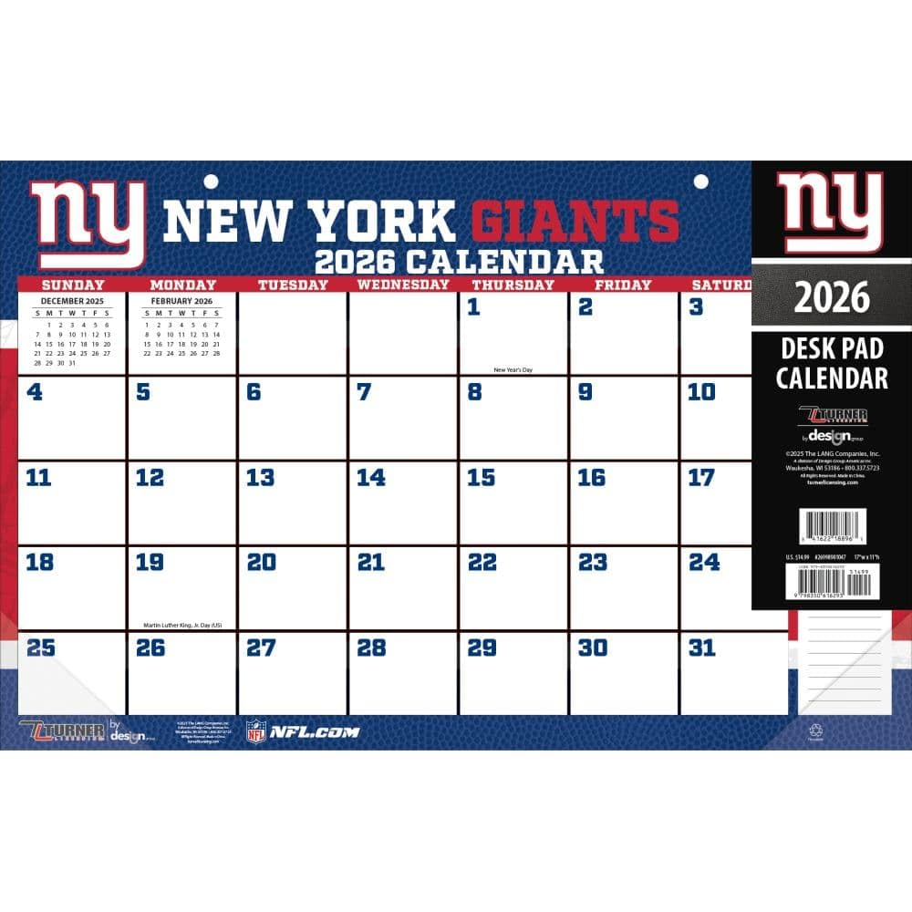 TURNER SPORTS New York Giants 2026 17x11 Desk Calendar (26998901047)