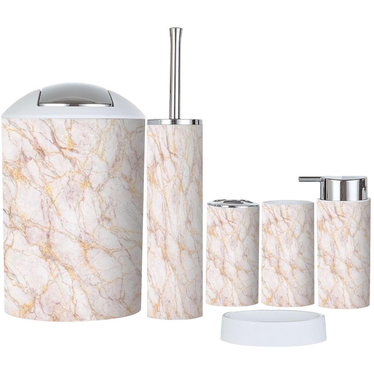 Bathroom Accessory Set 6 Piece Abstract White Marble Gold Glitter Pink Veins Stone Texture Toothbrush Holder, Toothbrush Cup, Soap Dispenser, Soap Dish, Toilet Brush Holder, Trash can