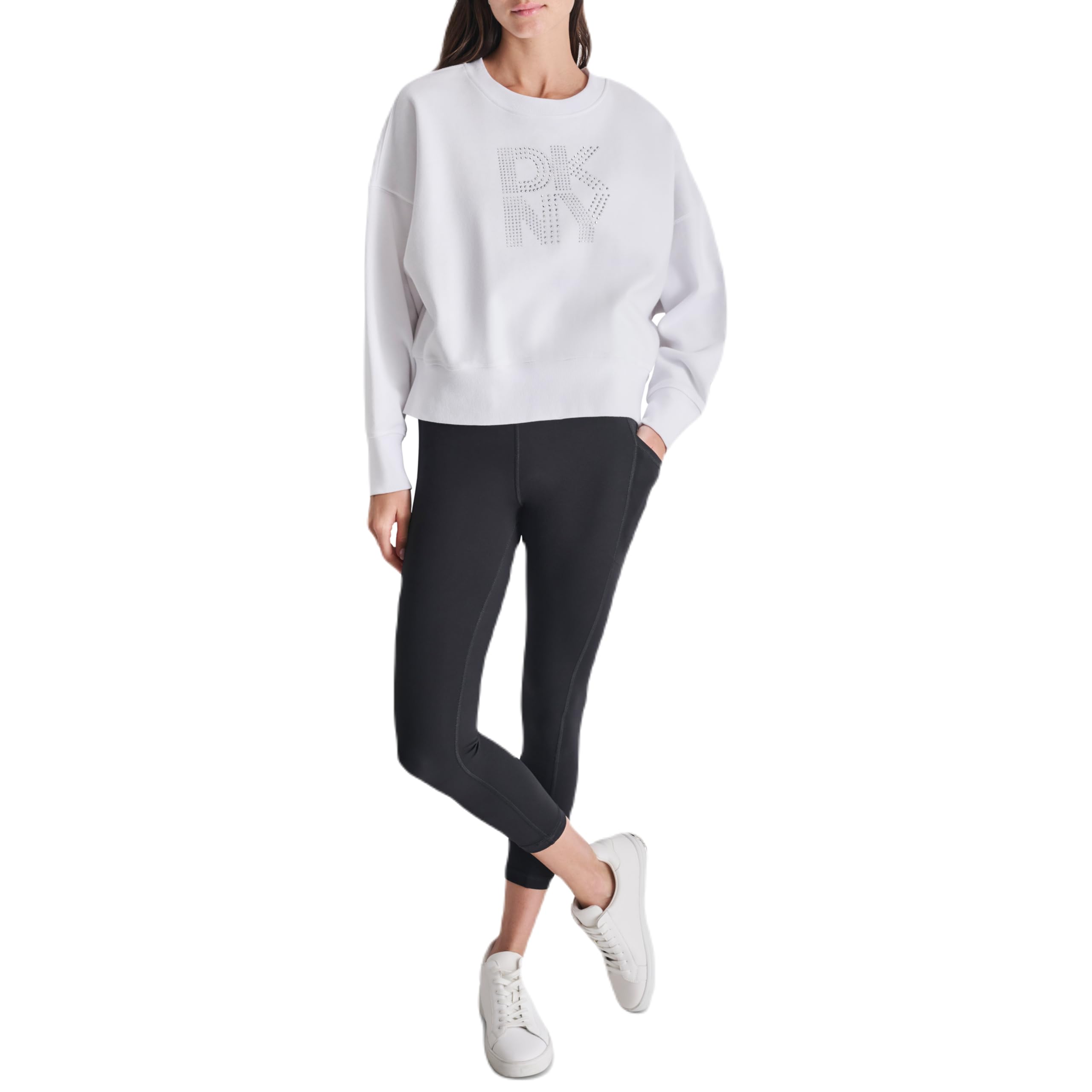 DKNY Studded Logo Cropped Crewneck Fleece Sweatshirt Sudadera para Mujer