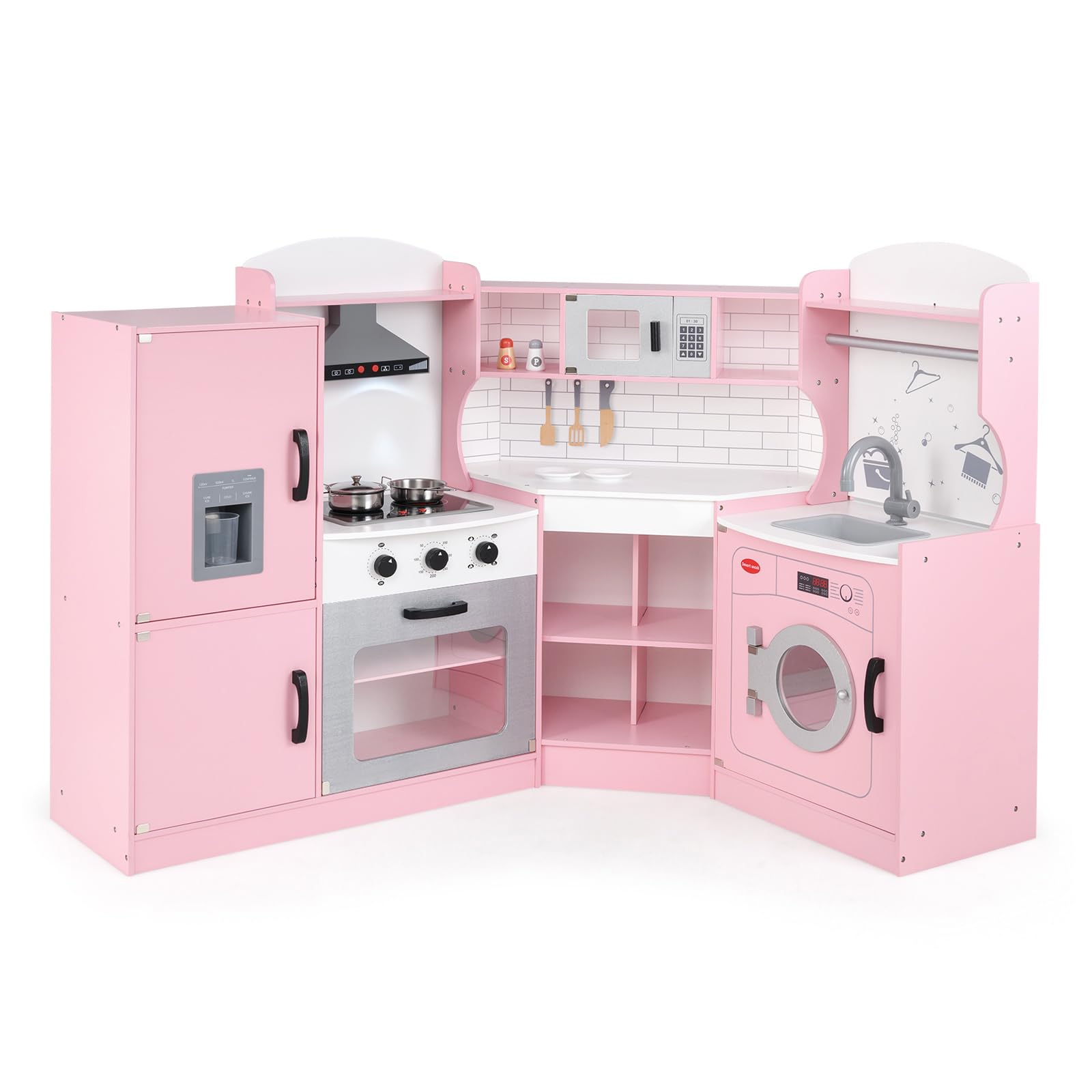 DREAMADE Kinderküche mit Licht und Sound, Kinder Küche Eckküche aus Holz mit Herd Spüle Backofen Waschmaschiene, Spielküche mit 14 TLG. Spielzubehör für Kinder ab 3 Jahren (Rosa)